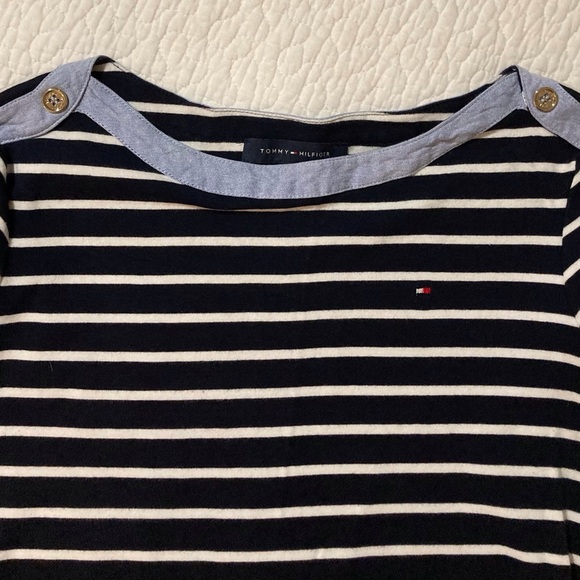 Tommy Hilfiger Navy and White Striped Knit Top with Denim Detail - Picture 5 of 9